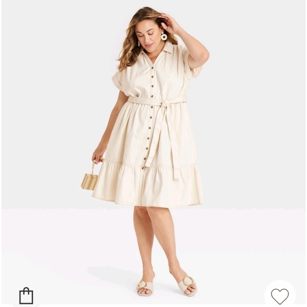 (2) Ava & Viv Short Sleeve Denim Tiered Midi A-Line Dress - Cream Women's - Picture 3 of 4